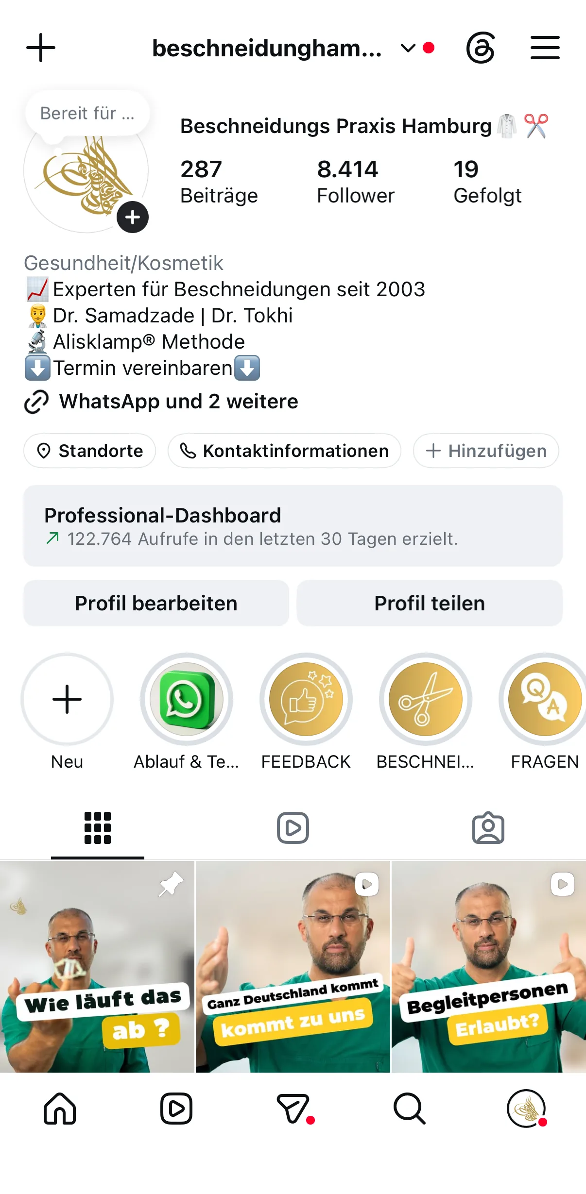 Instagram-Profil der Praxis: 122.764 Aufrufe in den letzten 30 Tagen