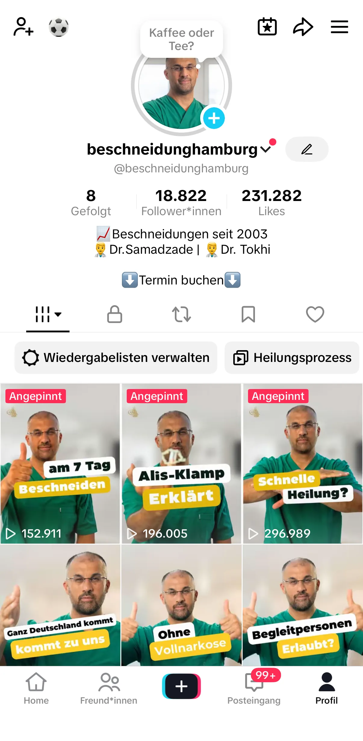 TikTok-Profil der Praxis: 18.822 Follower, 231.282 Likes, Videos mit bis zu 296.989 Aufrufen