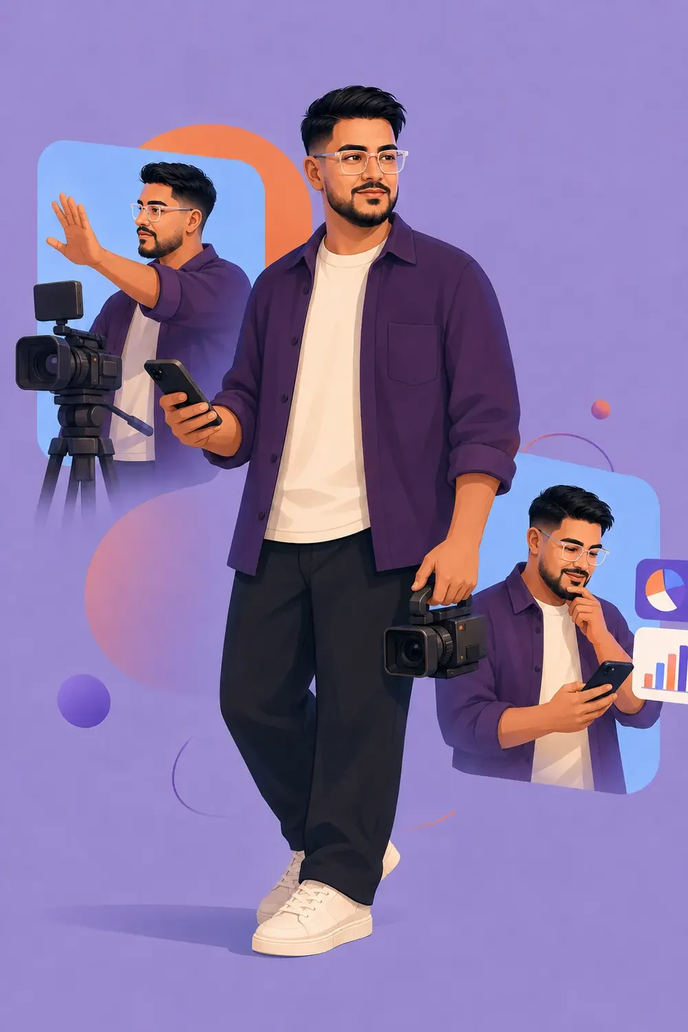 Illustriertes Porträt von Schahin Nasib, Gründer von for five seconds, mit Kamera und Smartphone